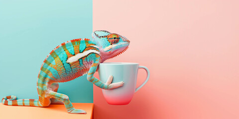 Chameleon and ceramic mug, minimal concept