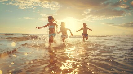Group of Diversity little child boy and girl friends running and playing in sea water on tropical beach together on summer vacation Happy children kid enjoy and fun outdoor lifestyle o : Generative AI