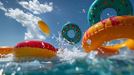 Action photo in the outdoor swimming pool with splashes and waves of inflatable doughnuts buoys rings falling down over sky : Generative AI
