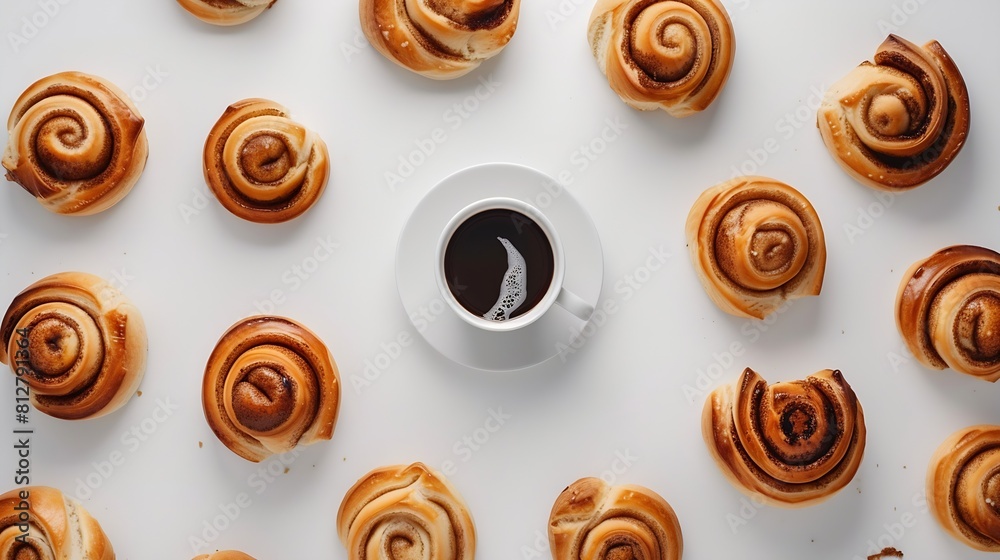Poster creative layout made of cinnamon buns and cup of coffee on the white background flat lay food concep