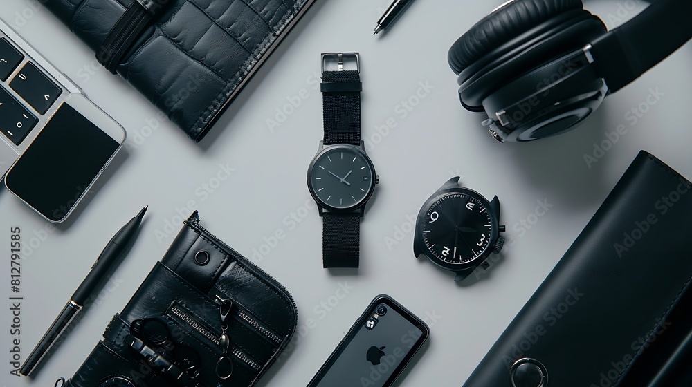 Poster man items in all black on a white background shot from above with cell phone pens wallet watch noteb