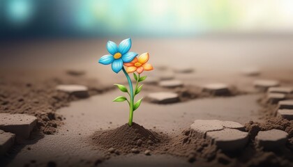 Flowers Sprouting Through Asphalt or Dry Soil with Spring Concept