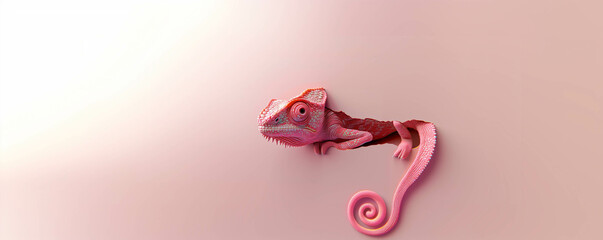 pink chameleon head sticking out of a white background hole banner with space for a copy