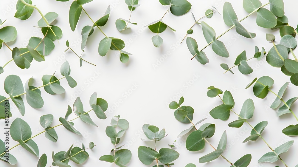 Aufkleber Eucalyptus leaves on white background Frame made of eucalyptus branches Flat lay top view copy space : Generative AI