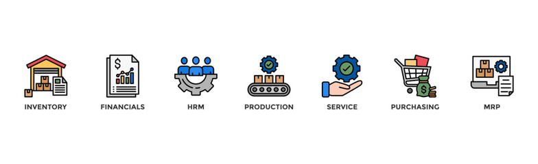 ERP banner web icon illustration concept for enterprise resource planning with icon of inventory, financials, hrm, production, service, purchasing, and mrp