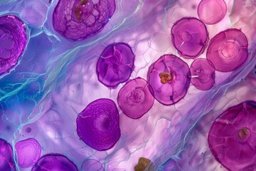 Detailed microscopic view of intricate plant cell structure and physiology under high magnification in a scientific research laboratory using biological staining techniques