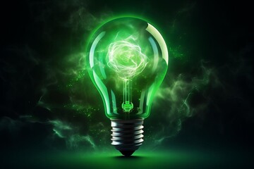 Craft a digital high-angle perspective of a glowing Light Bulb integrated with a dynamic, pulsating Green Energy Icon, radiating a futuristic aura with pulsing light effects