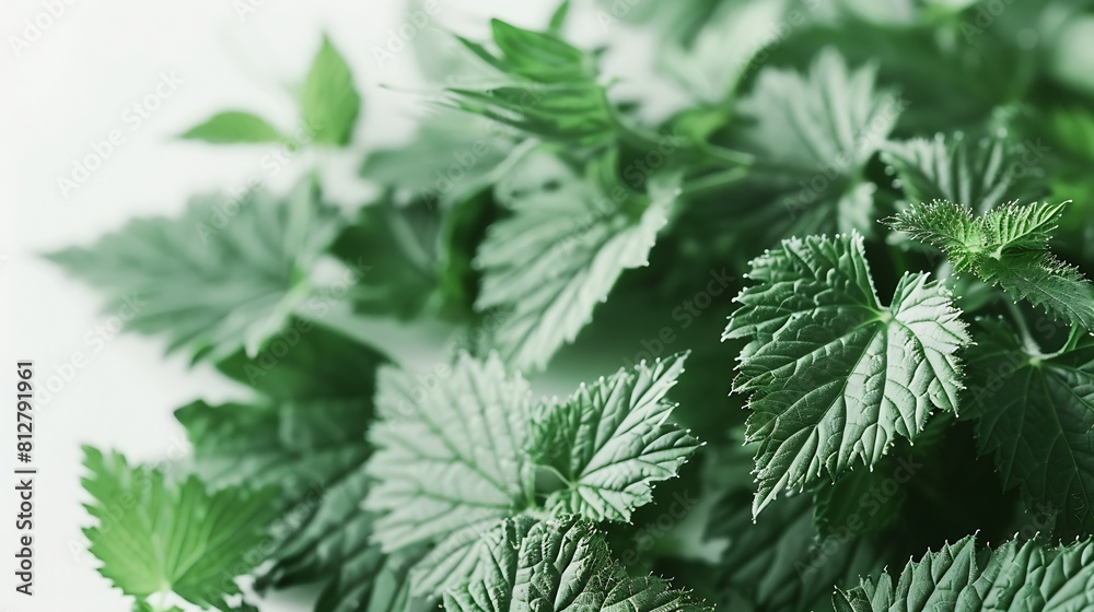 Poster creative nettle leaves layout with paper card note copy space minimal nature concept flat lay green 