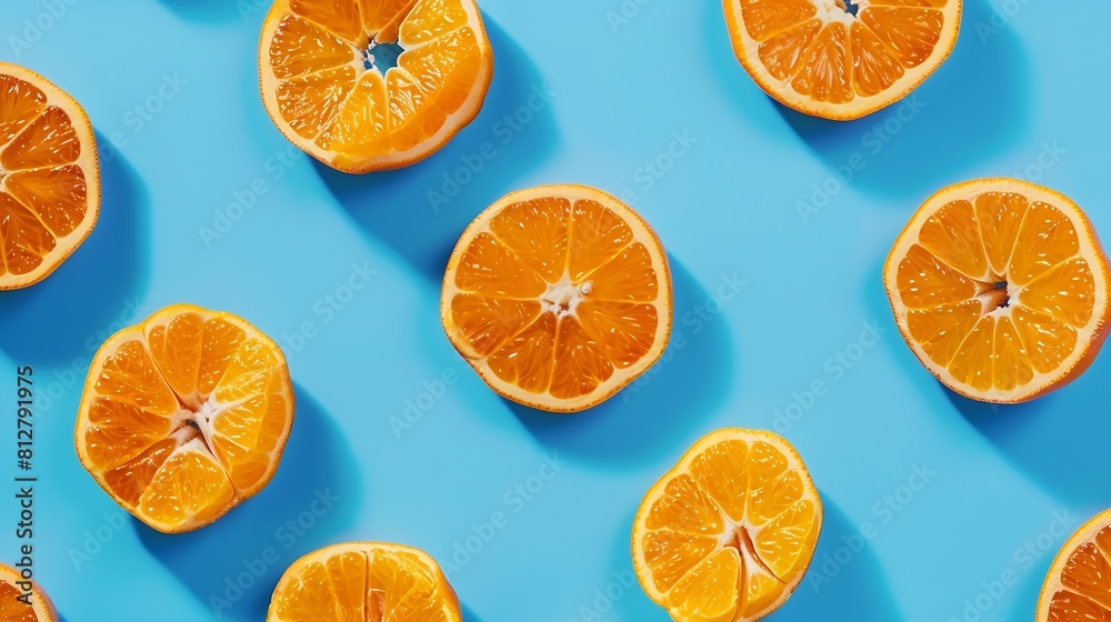 Poster Fruit pattern of fresh mandarin slices on blue background Flat lay top view Pop art design creative summer concept Half of citrus in minimal style Tangerine : Generative AI