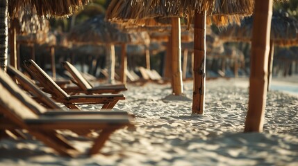 empty chairs under thatched umbrellas on a sandy beach : Generative AI