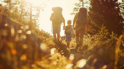 Family with small children hiking outdoors in summer nature : Generative AI - Powered by Adobe