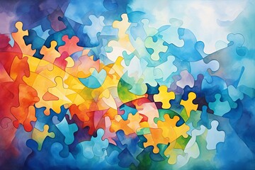 Craft a vibrant watercolor painting capturing the magic of puzzle pieces slotting perfectly