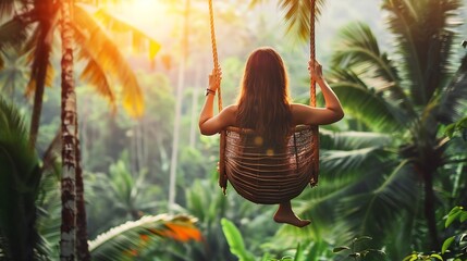 Back view yourist woman swing on wicker rattan hang chair in the jungle nature view Enjoy vacation on tropical Bali island : Generative AI