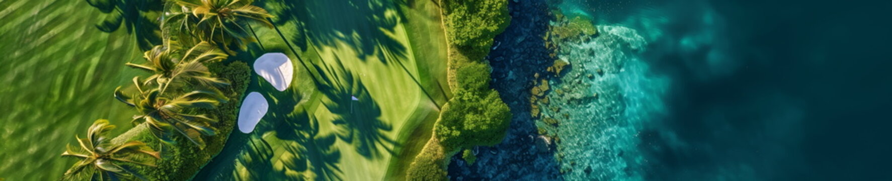 A resort golf course by the sea, on a beautiful sunny day. A long hole par 5 hole by the sea shore. Generative AI.
