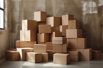 Unpacking New Beginnings: Explore the Scene of Brown Cardboard Boxes Nestled Against the Wall in the Living Room of a Freshly Acquired Home, Symbolizing the Excitement and Anticipation of Settling int