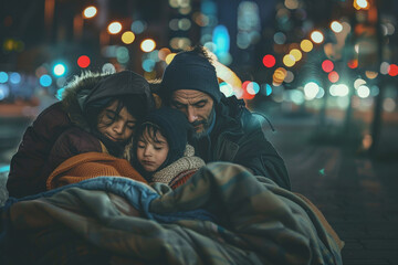 Family huddled together for warmth on a cold urban night with city lights in the background