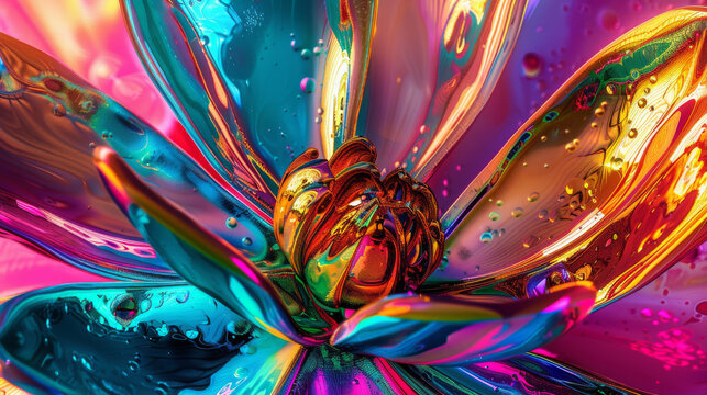 Iridescent Chrome Flower Blossom Eruption in Vivid Colors