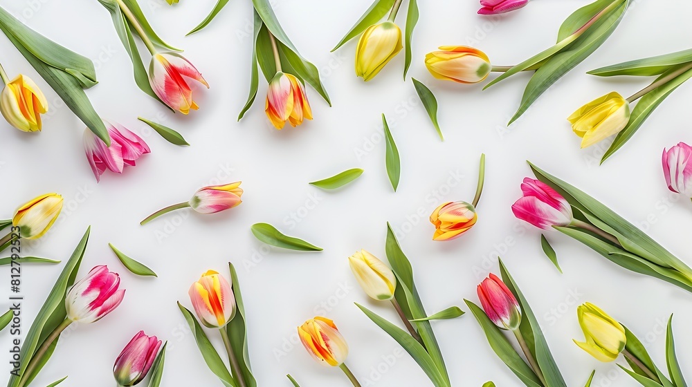 Poster Spring tulips Composition and creative layout made of colorful tulip flowers isolated on white background Top view flat lay Design element : Generative AI