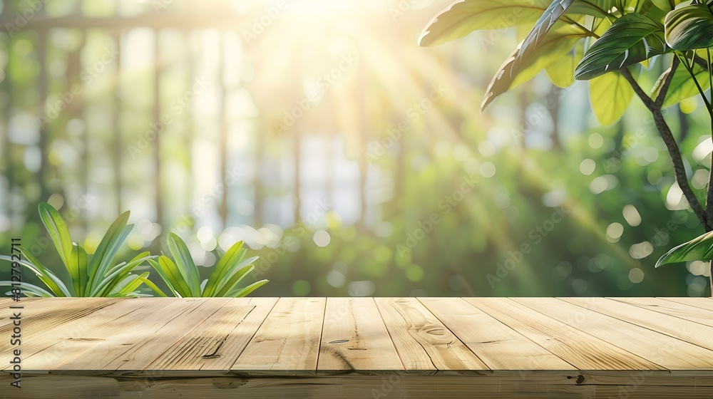Poster Empty wood table top on blur abstract green garden from window view in the morning For montage product display or design key visual layout : Generative AI