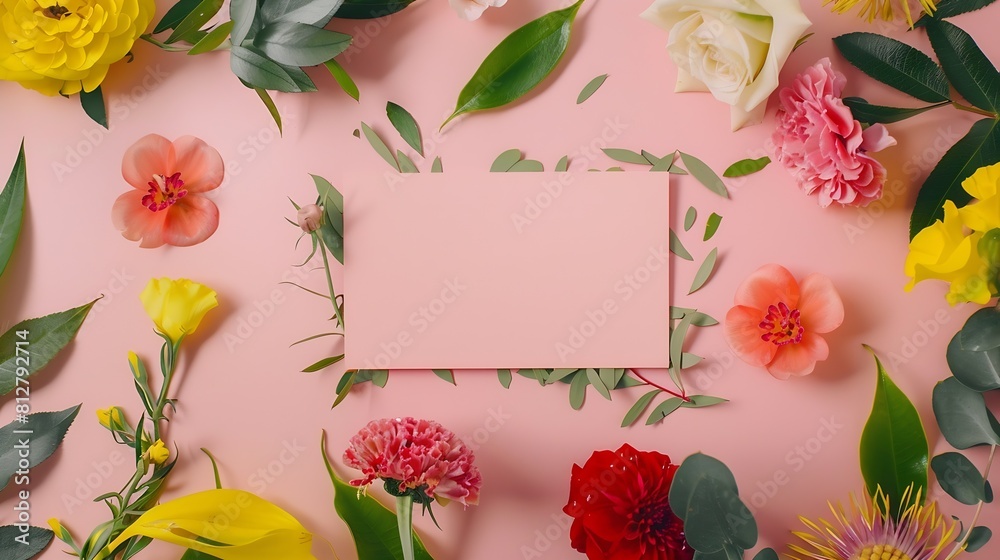 Poster creative layout made of flowers and leaves with paper card note flat lay nature concept : generative