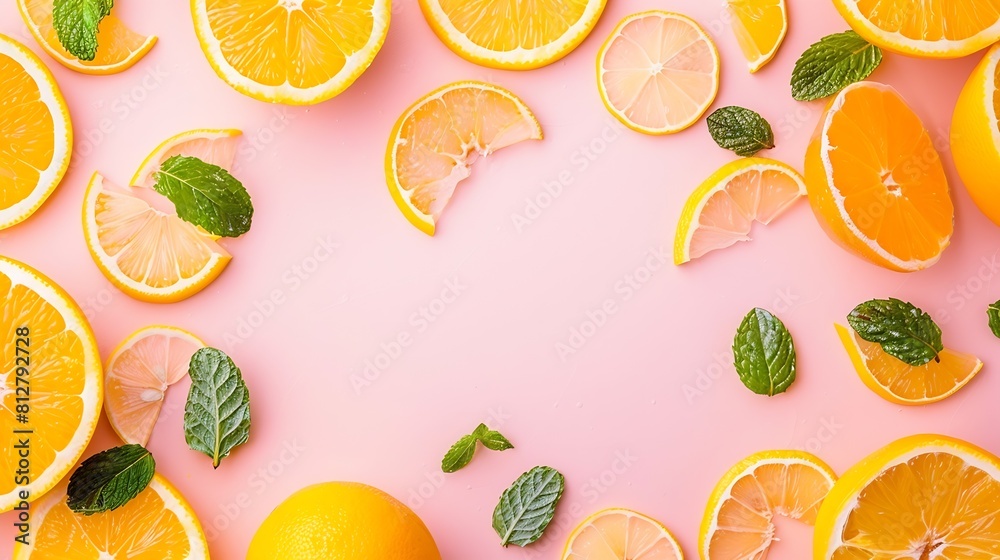 Aufkleber Citrus slices and mint herbs frame on retro pastel pink background with copyspace from above Top view of lemon and orange frame design banner : Generative AI