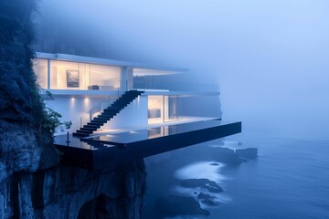 Stunning Seaside Villa with Floating Stairs and Matte Black Art Gallery, Overlooking Misty Ocean