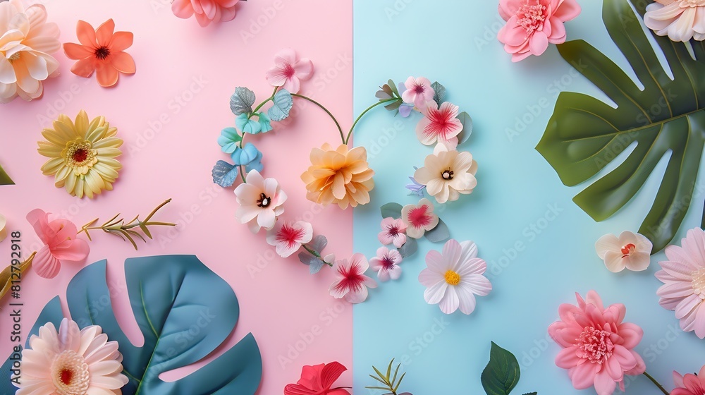 Poster creative layout with colorful flowers leaves and heart shape anniversary conceptflat lay : generativ