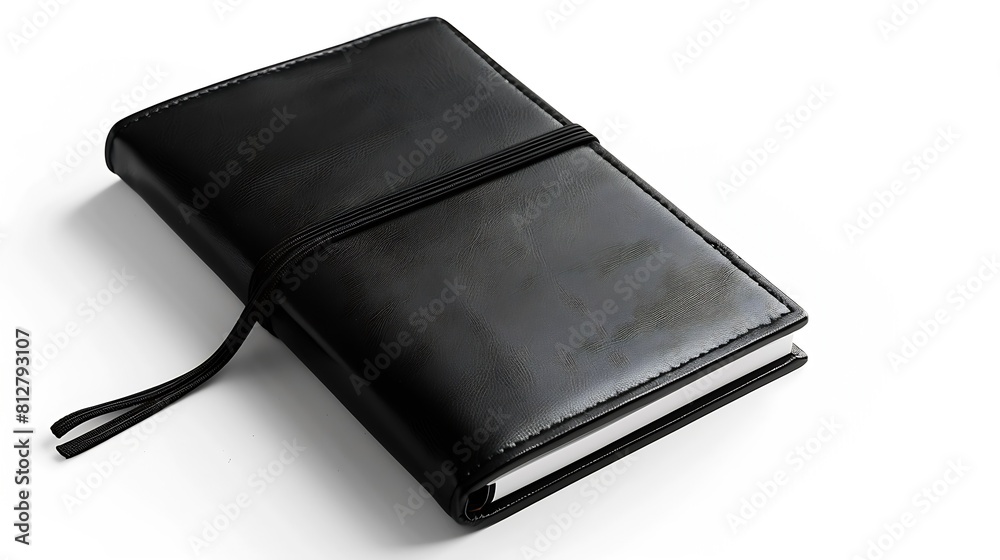 Poster Black leather notebook mockup with elastic isolated on white background Top view Clipping path : Generative AI
