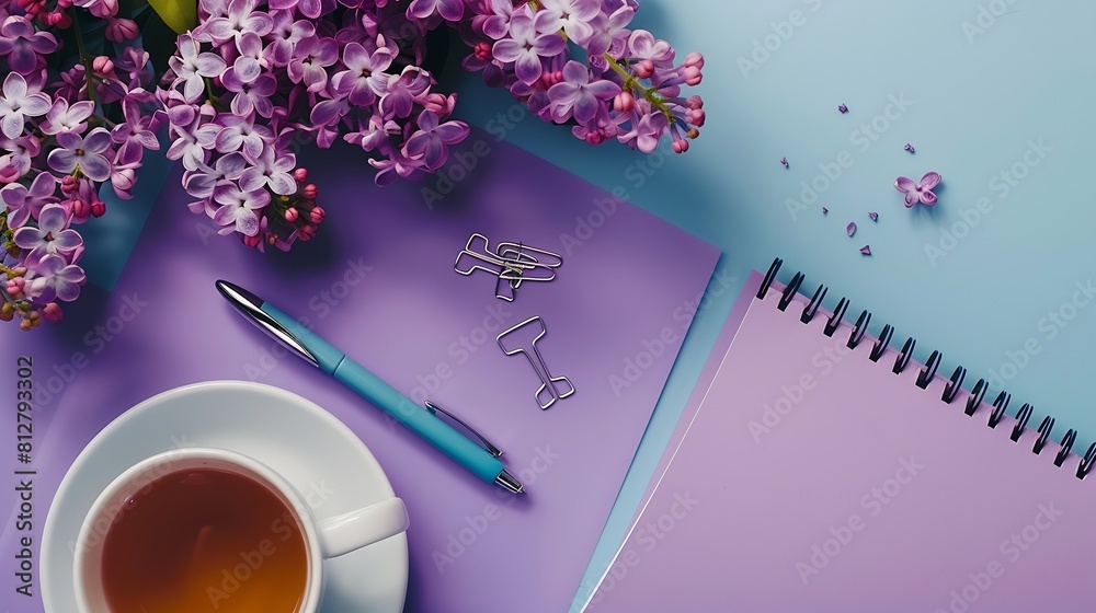 Poster notepad and pen paper clips and clips with a layout of the place to copy Home office desktop with top view decorated with lilac flowers a cup of tea : Generative AI
