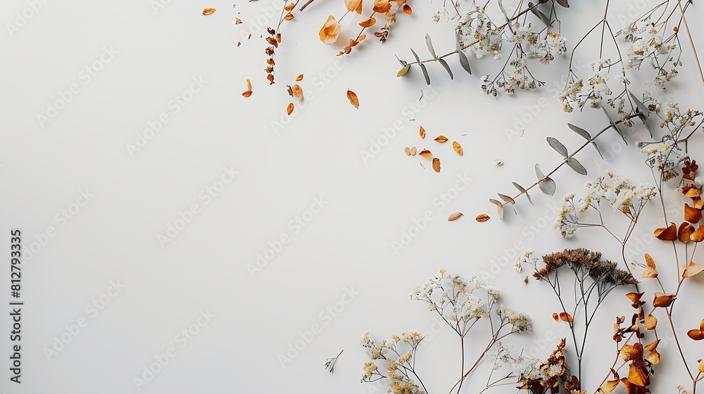 Poster flower composition eucalyptus branches and dry flowers on white background flat lay top view copy sp