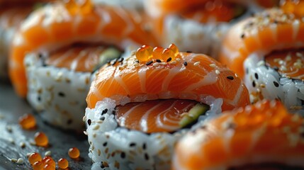 A sushi roll with salmon slices arranged on circles of rice