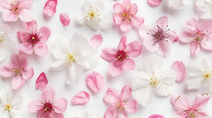 Cherry blossom Pink sakura spring flowers and white cherry petals isolated on white background Springtime concept Creative banner Flat lay top view Floral design element : Generative AI