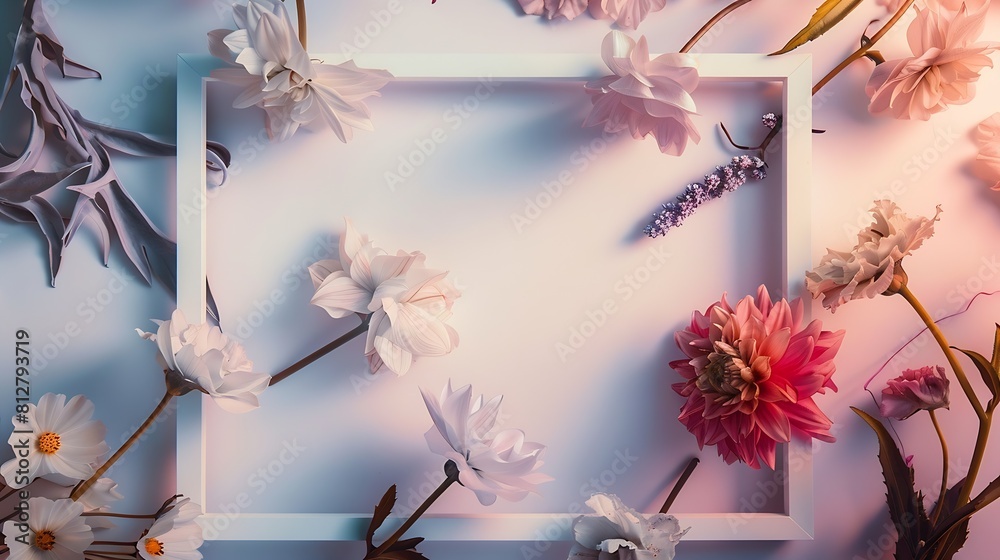 Poster Creative layout made with flowers and white frame Spring minimal concept Nature background : Generative AI