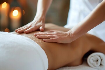 Gentle hands soothe tense muscles as a woman relaxes under the skilled touch of a masseuse in a tranquil spa salon environment. Serene ambiance, professional care, and rejuvenating massage techniques 