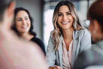 Obraz premium a financial consultant holds a meeting with his clients and looks into the camera. Her happy expression reflects trust, professionalism and success in working with clients