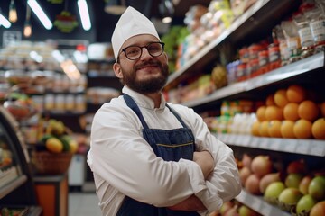 In a joyful moment: a quality control manager works in a supermarket and looks at the camera. His, her confident facial expression indicates orderliness and efficiency in the performance of duties.