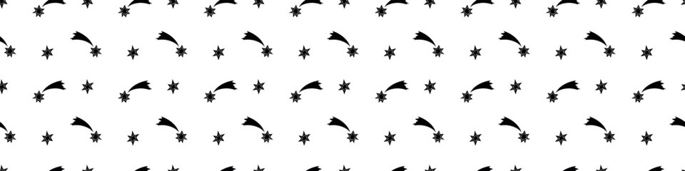 Seamless pattern of black stars, comets in flat style. Simple background and texture on theme of night sky, space, astronomy, kids design