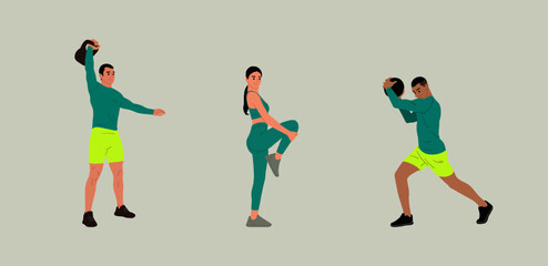 People in sportswear in the gym. Man, and woman in fitness apparel, holding dumbbells. Flat hand-drawn vector illustrations isolated on a white background