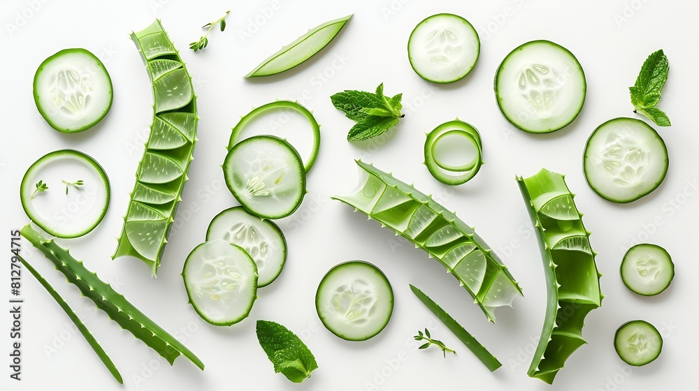 Poster Aloe vera and cucumber slices isolated on white background Top view flat lay Design element Creative layout Alternative medicine and beauty spa concept : Generative AI