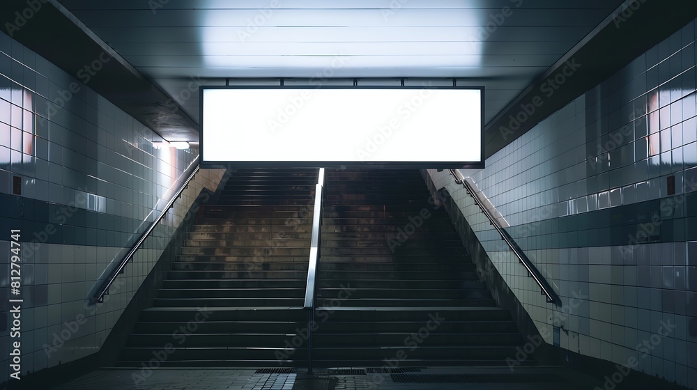 Aufkleber Horizontal mock up of blank advertising billboard poster template next to a flight of stairs outofhome OOH media display space mockup in pedestrian underpass digital display in train s : Generative AI