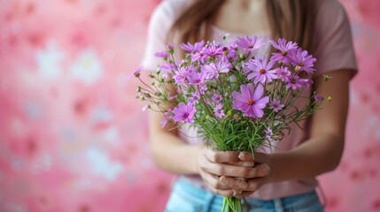 A hand holds out a bouquet of flowers. Watercolor purple wildflowers on a pink background. A postcard commemorating International Women's Day.