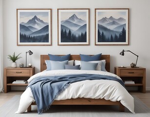 Rustic wooden bed with blue pillows and two bedside cabinets against white wall with three posters frames. Farmhouse interior design of modern bedroom ,Generative AI