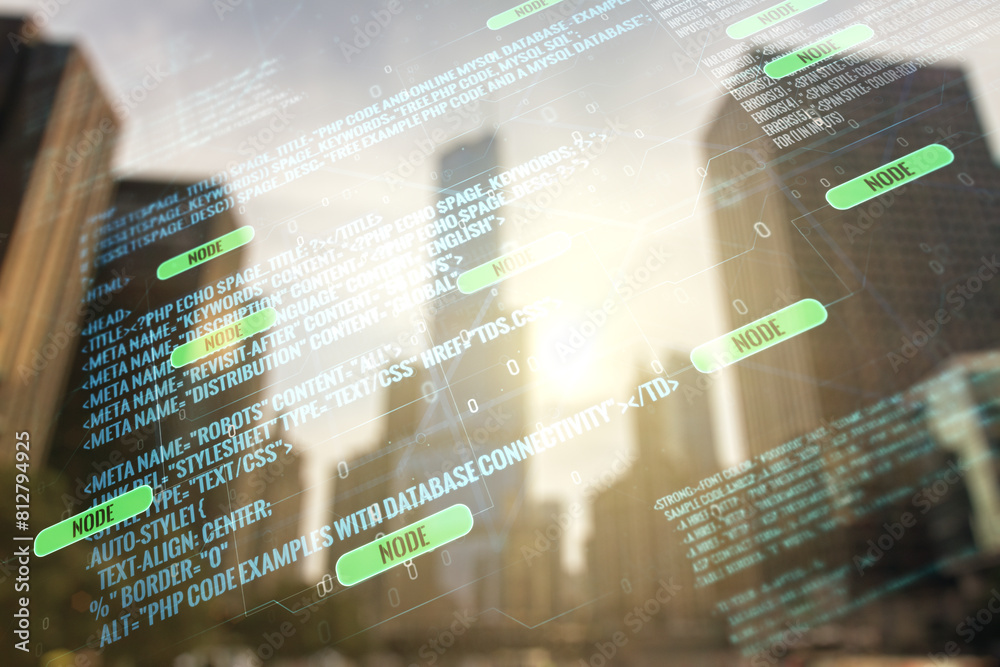 Poster multi exposure of abstract graphic coding sketch on modern architecture background, big data and net