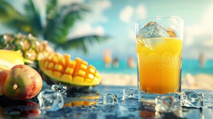 A glass of mixed fruit juice with ice cubes and fruit slices on a table by the beach
