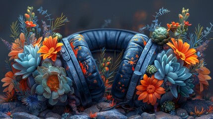 Plants, flowers, and succulents blend beautifully with an illustration of headphones filled with plants, flowers, and succulents to create an original environment.