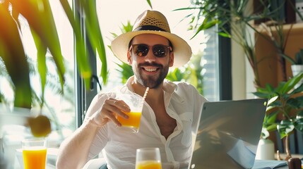 Funny office worker ready to go on summer holiday Happy smiling man in white shirt sun hat beach ring and sunglasses drinks orange juice sitting on desk with laptop and papers Annual l : Generative AI