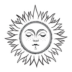 Vintage tarot sun with face with closed eyes and rays, celestial astrology logo, boho tattoo for zodiac. Magic hand drawn vector illustration isolated on white background.