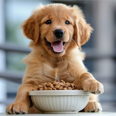 Adorable Golden Retriever Puppy with Food Bowl