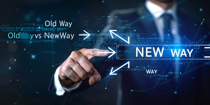 "Evolutionary Shift: of a businessman pointing finger touching on Old vs New' Text, Embracing Future Technology, Reflecting Time Changes, Generative AI"