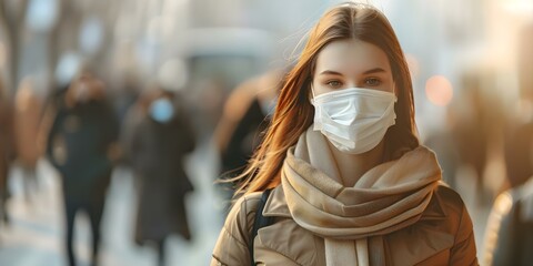 People in masks traveling during pandemic to prevent disease spread in crowds. Concept Mask Mandate, Safe Travel, Preventing Disease Spread, Pandemic Precautions, Public Health Measures